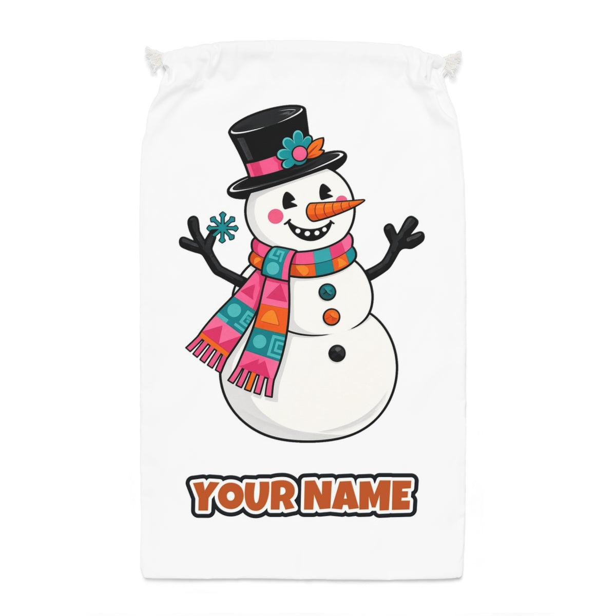 Retro Snowman in Top Hat Santa sack laid flat, showing the full print