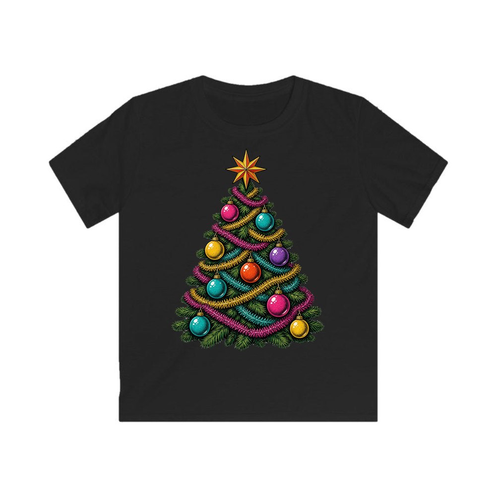 Retro Tinsel Christmas Tree personalised kids Christmas tee in black