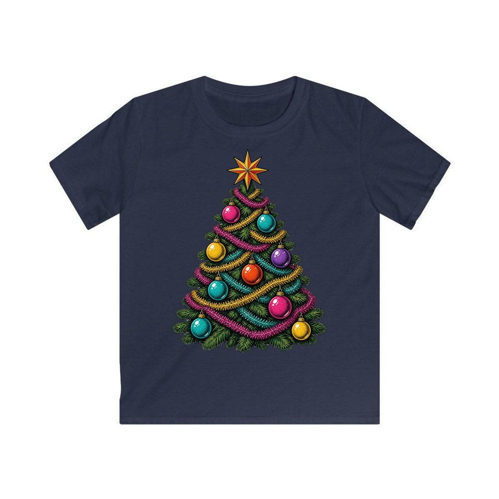 Retro Tinsel Christmas Tree personalised kids Christmas tee in navy
