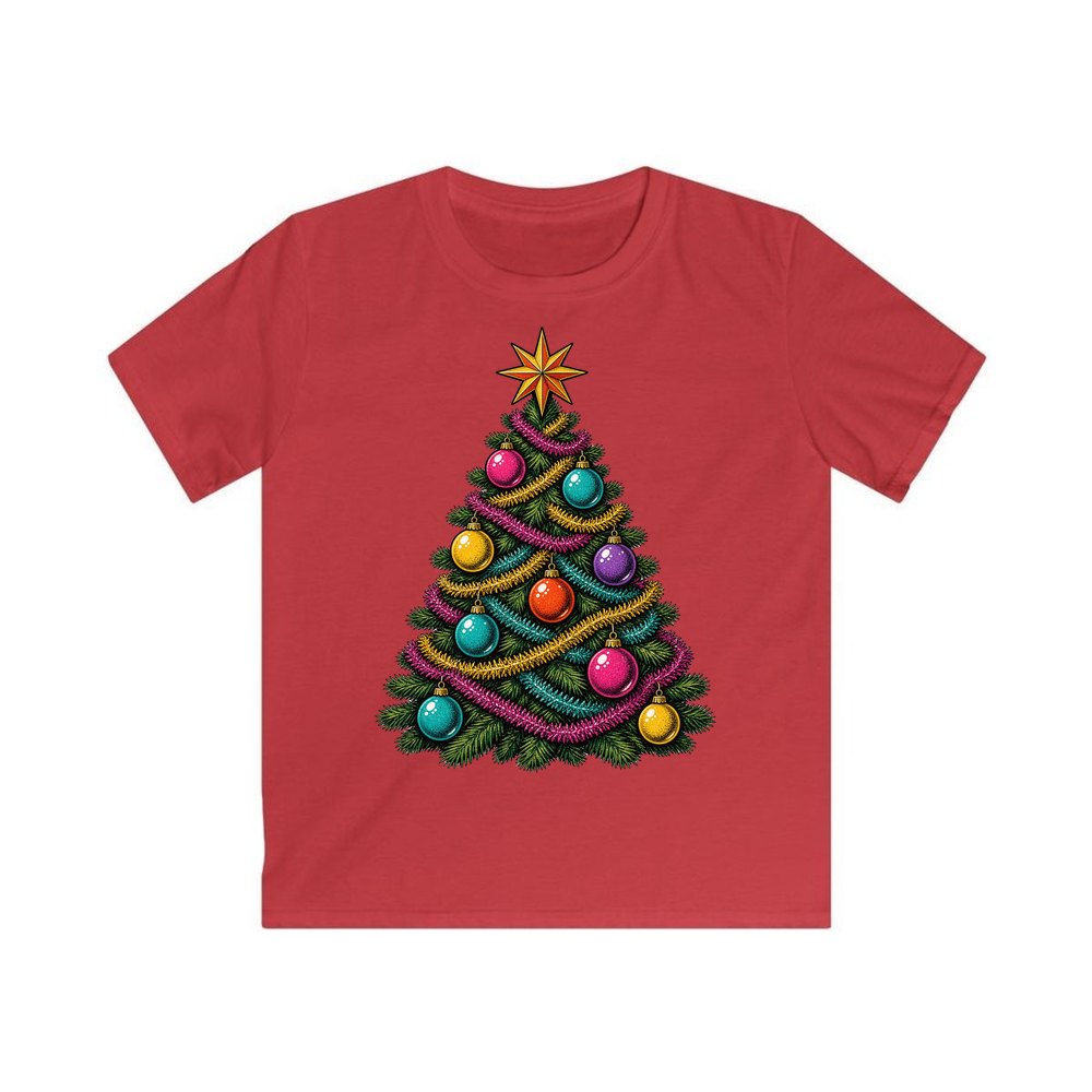 Retro Tinsel Christmas Tree personalised kids Christmas tee in red
