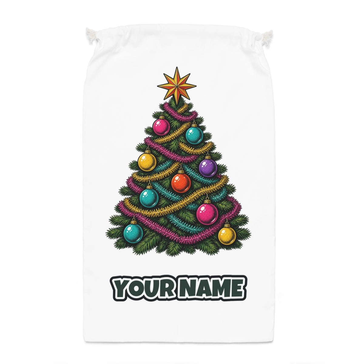 Retro Tinsel Christmas Tree Santa sack laid flat, showing the full print