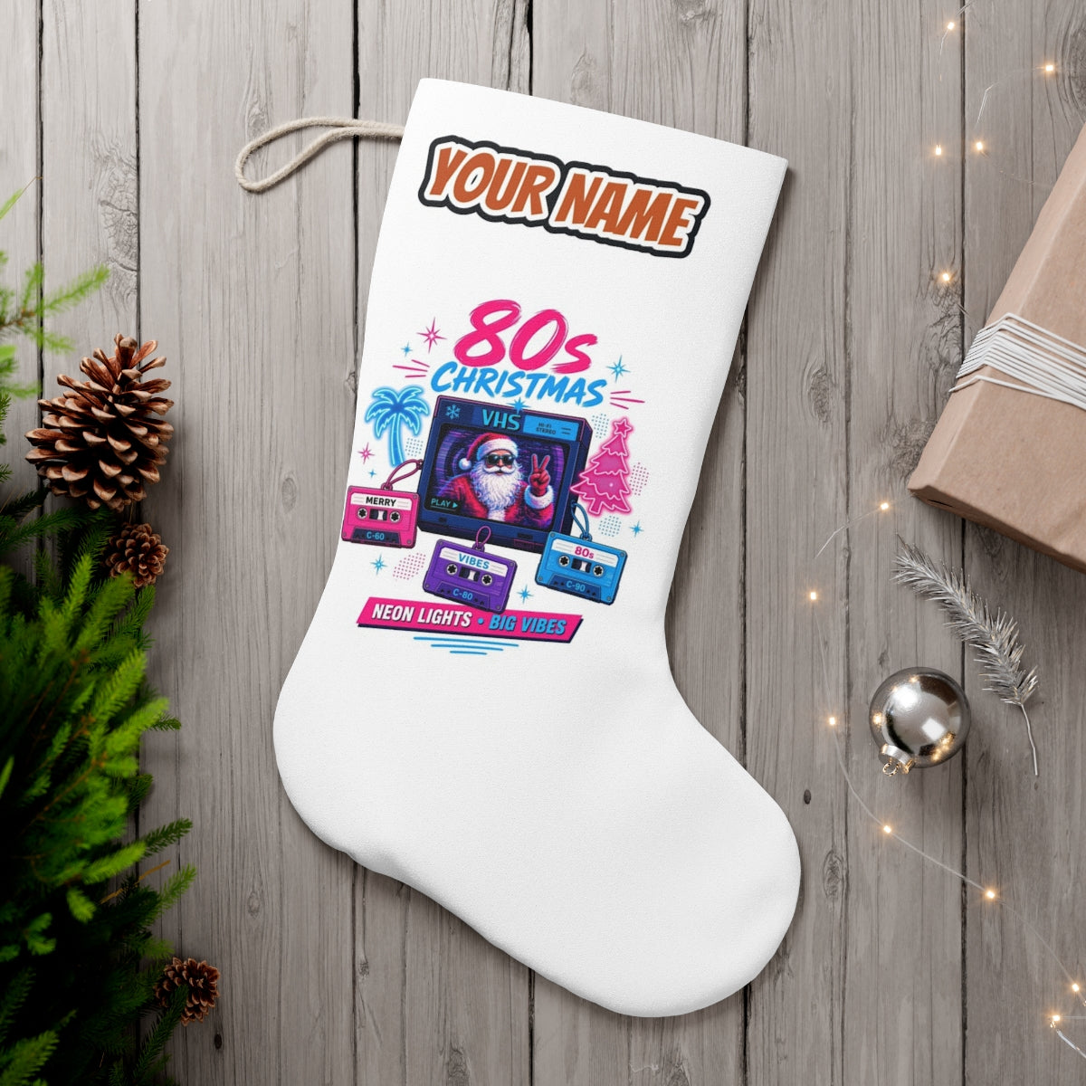 Retro Video Tape Christmas personalised Christmas stocking, white, with the name across the top