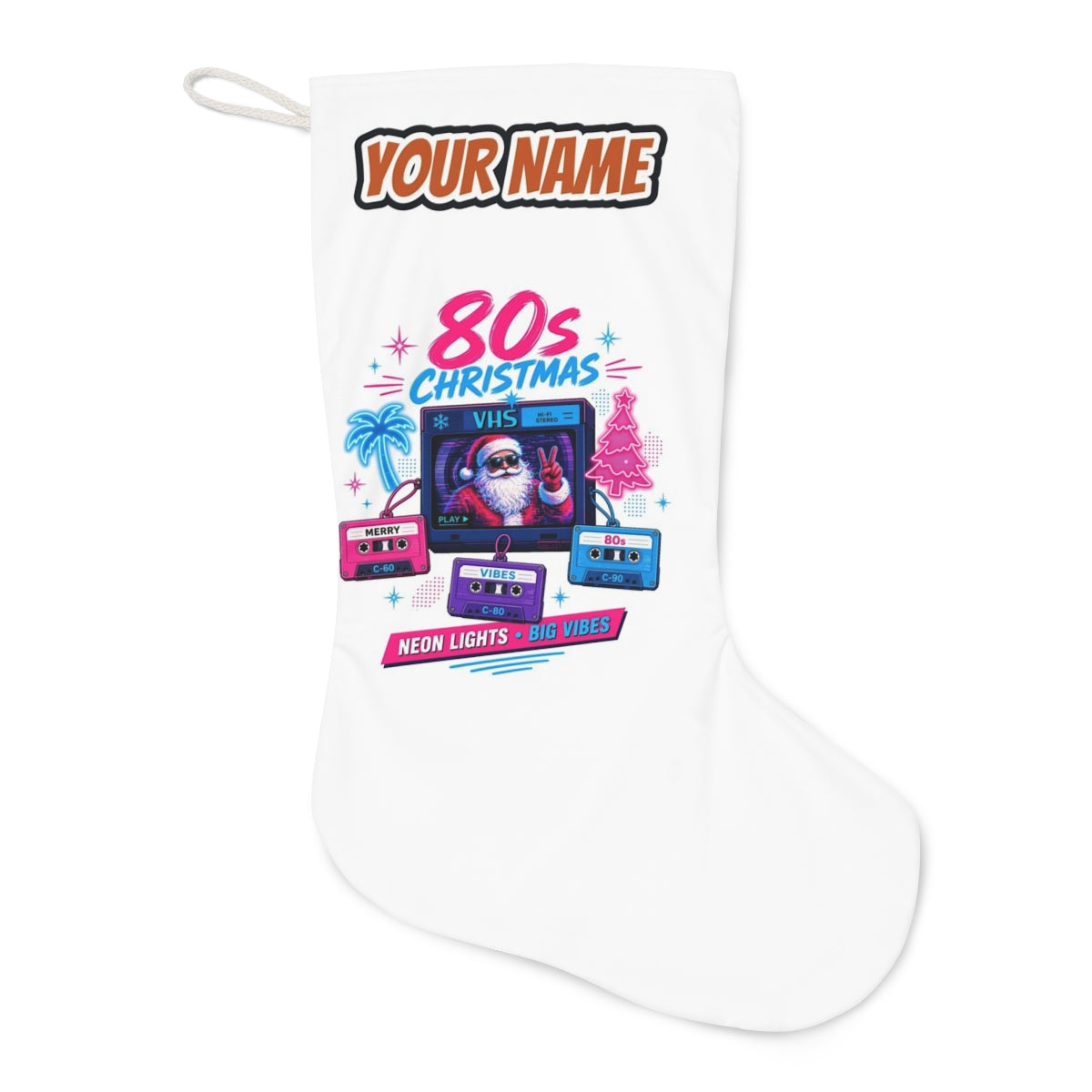 Retro Video Tape Christmas Christmas stocking laid flat, showing the full print