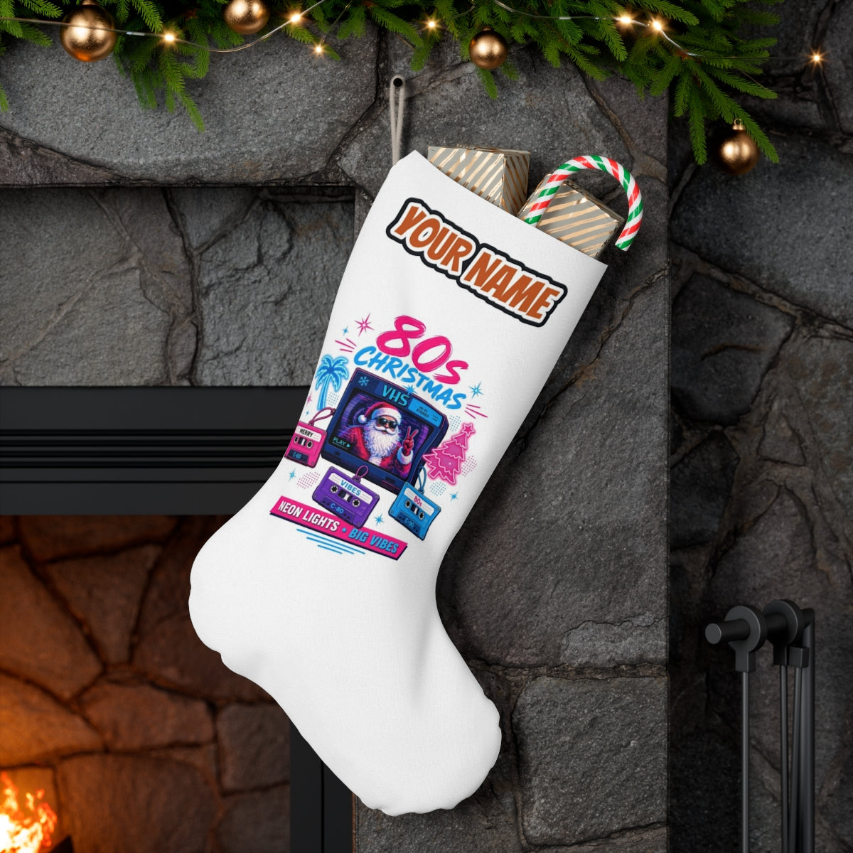 Retro Video Tape Christmas personalised Christmas stocking hanging on a mantel