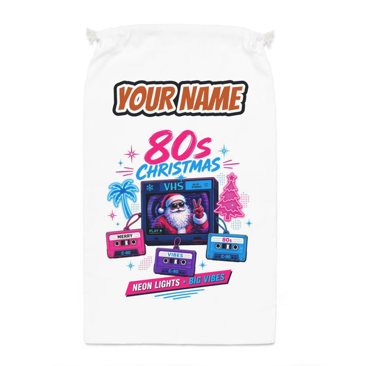 Retro Video Tape Christmas Santa sack laid flat, showing the full print