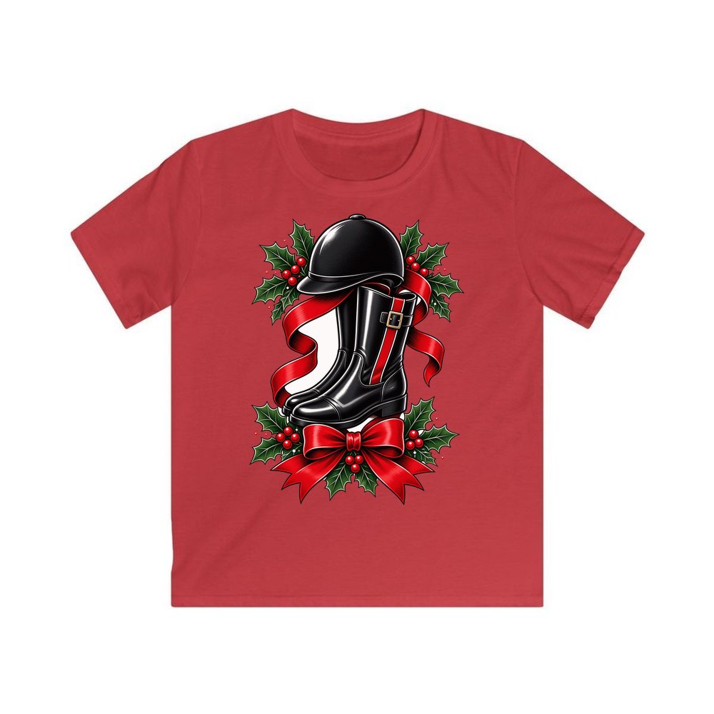 Riding Boots and Helmet personalised kids Christmas tee in red