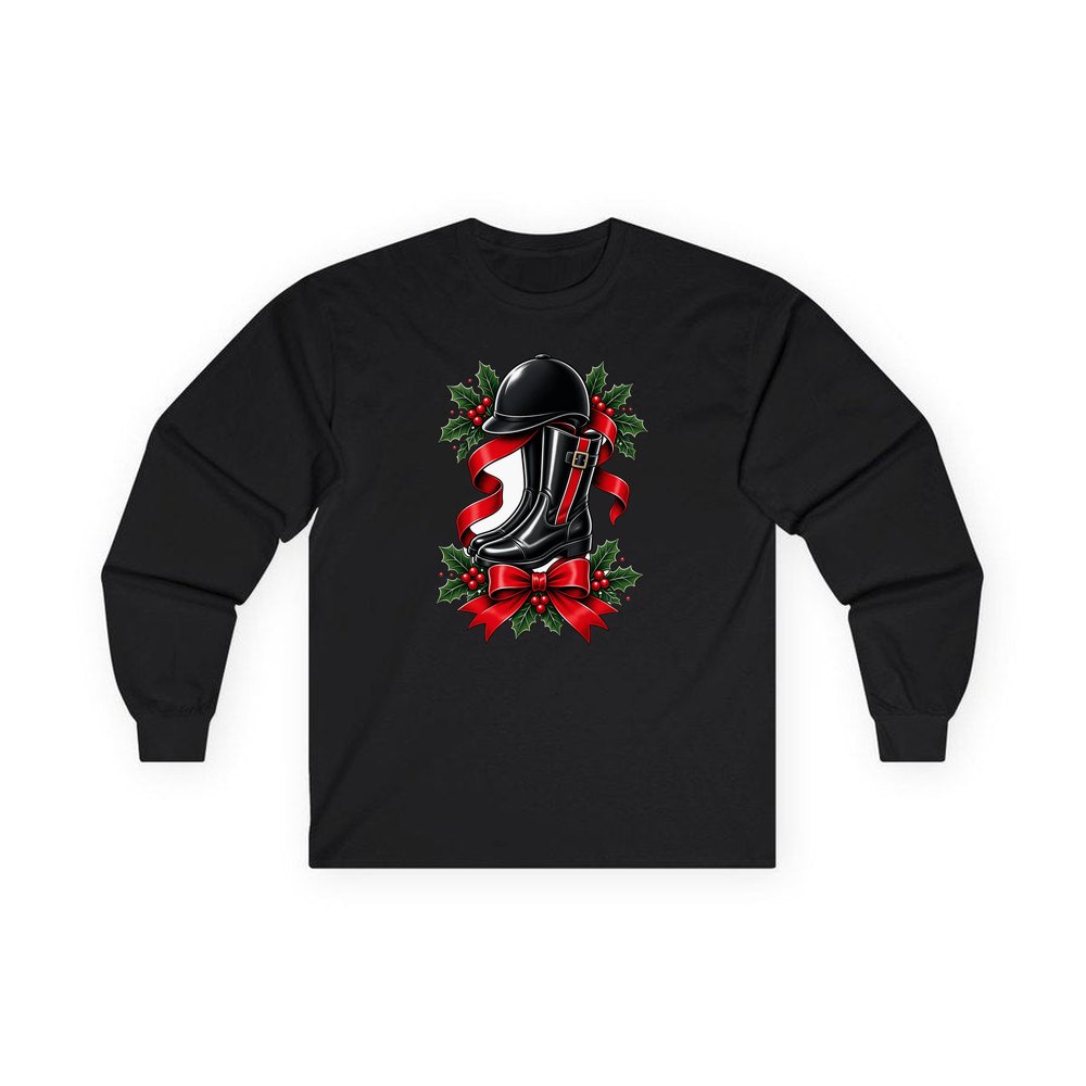 Riding Boots and Helmet personalised long sleeve Christmas T-shirt in black