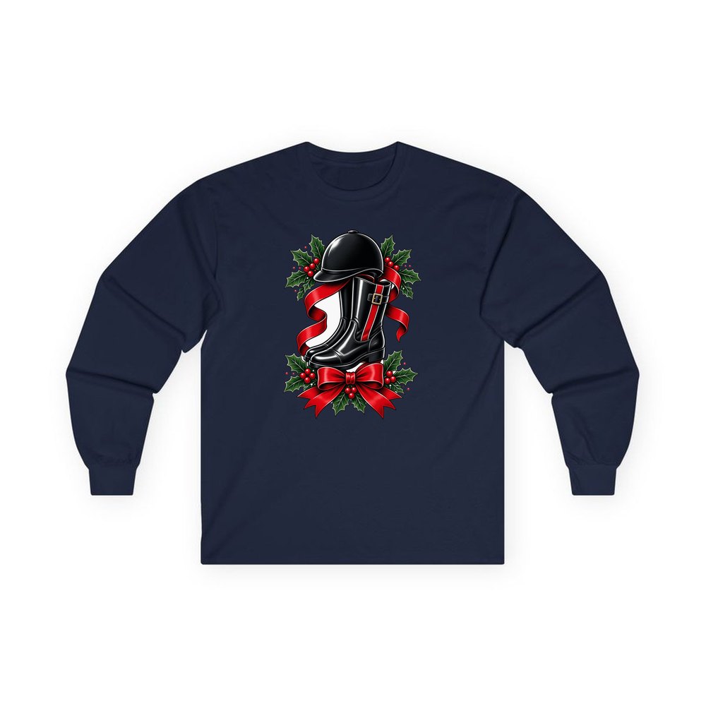 Riding Boots and Helmet personalised long sleeve Christmas T-shirt in navy