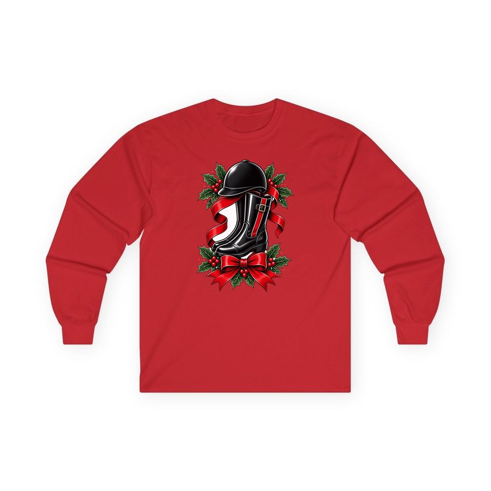 Riding Boots and Helmet personalised long sleeve Christmas T-shirt in red