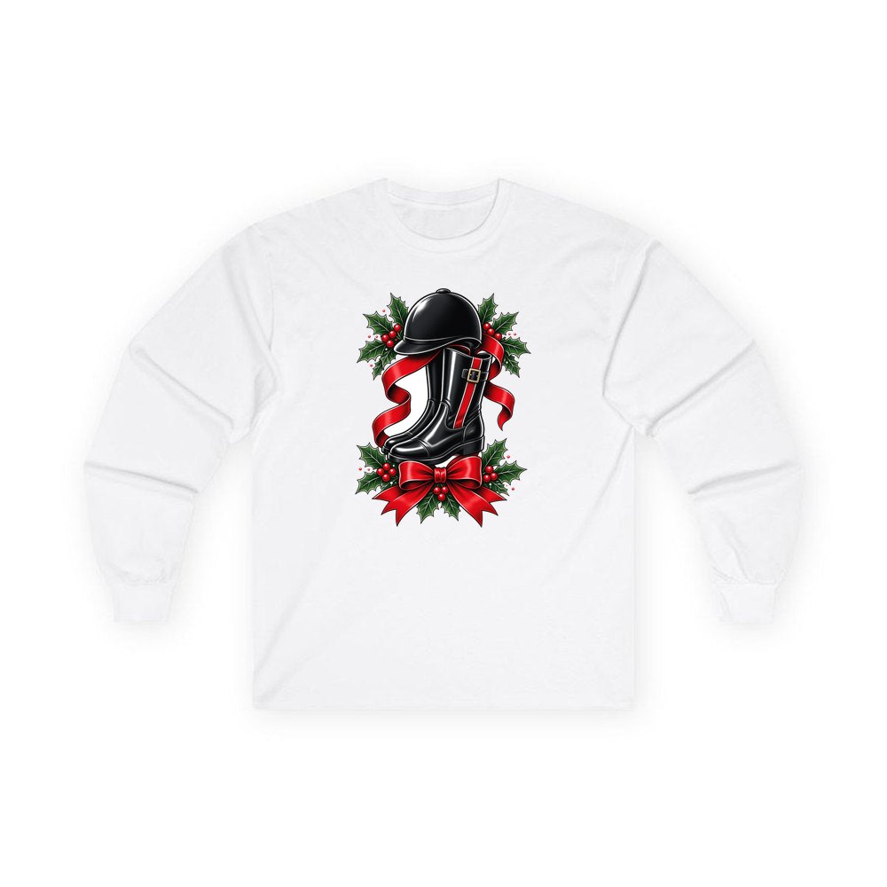 Riding Boots and Helmet personalised long sleeve Christmas T-shirt in white