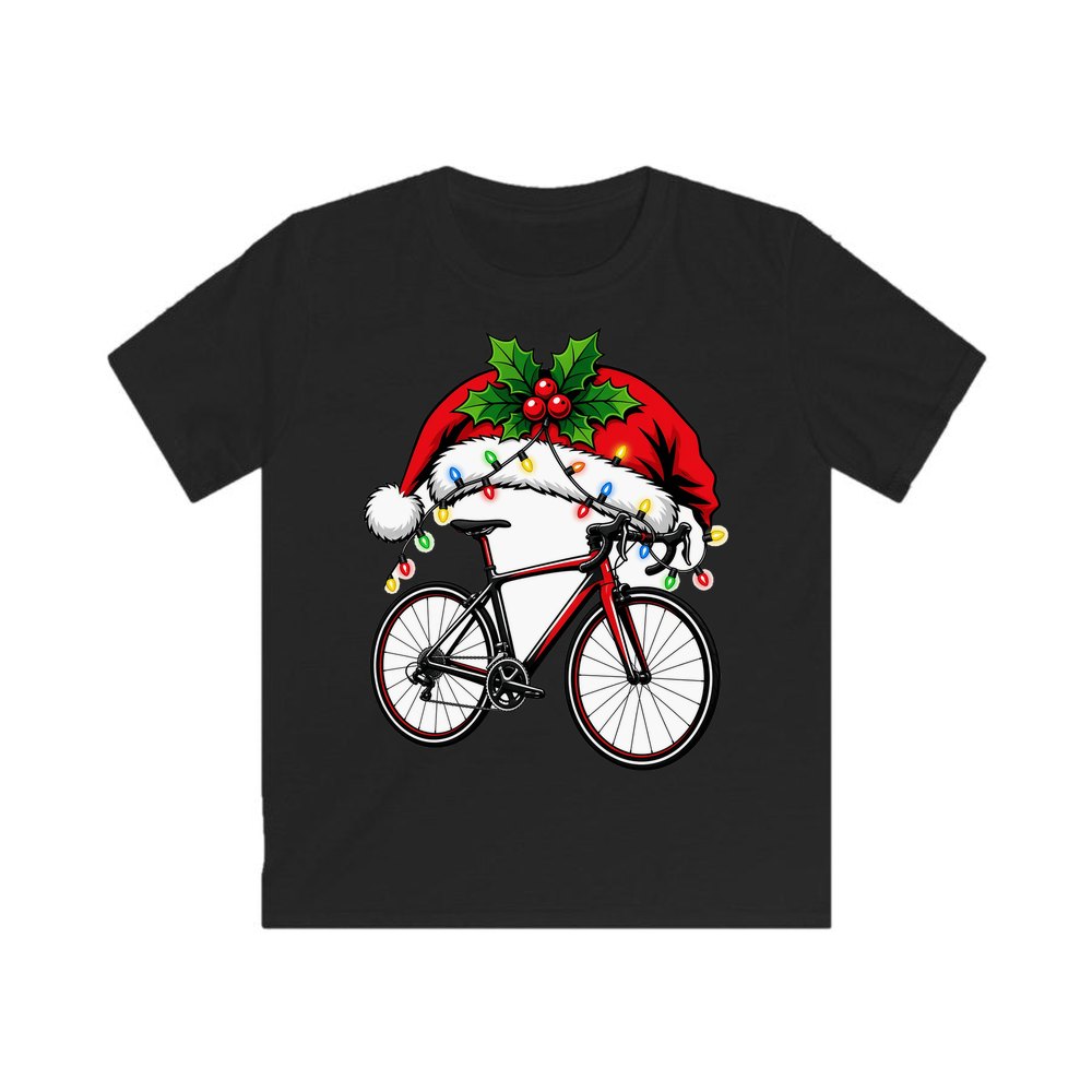 Road Bike In Santa Hat personalised kids Christmas tee in black