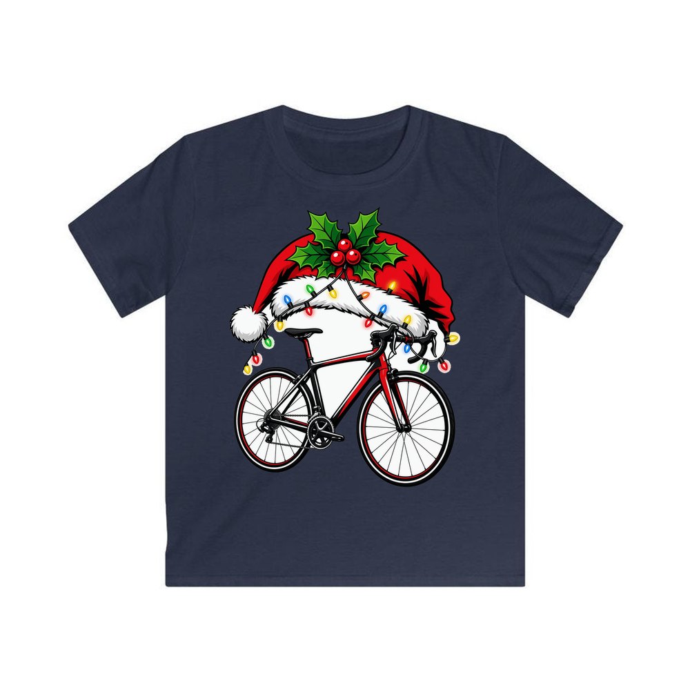Road Bike In Santa Hat personalised kids Christmas tee in navy