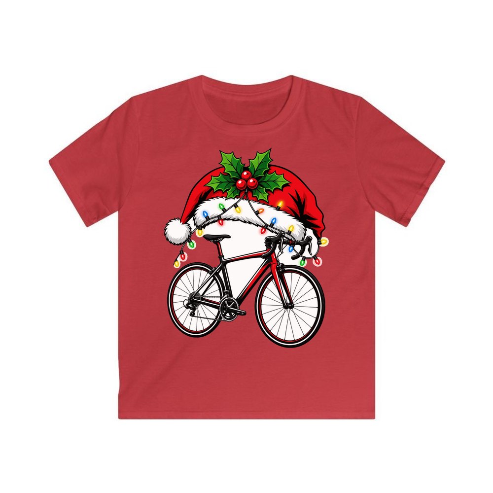 Road Bike In Santa Hat personalised kids Christmas tee in red