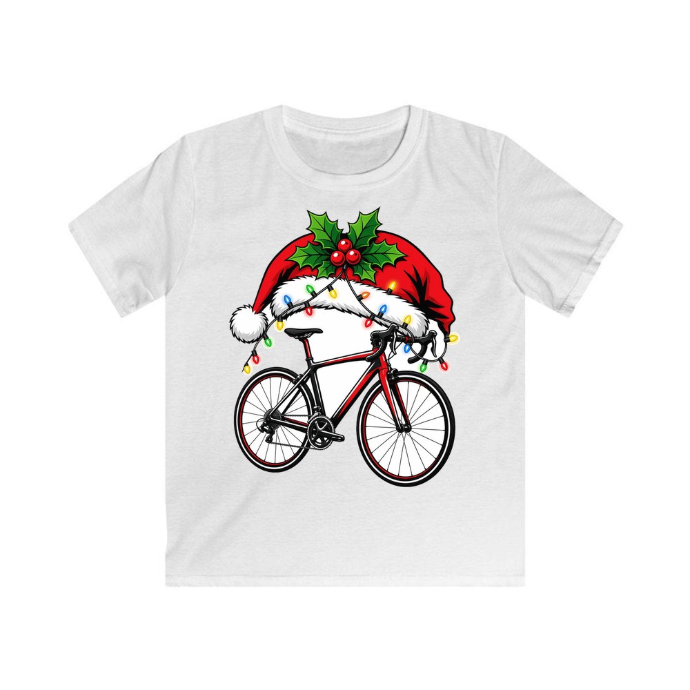 Road Bike In Santa Hat personalised kids Christmas tee in white