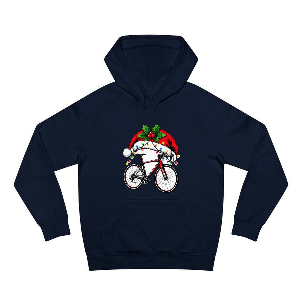 Road Bike In Santa Hat personalised Christmas hoodie in navy