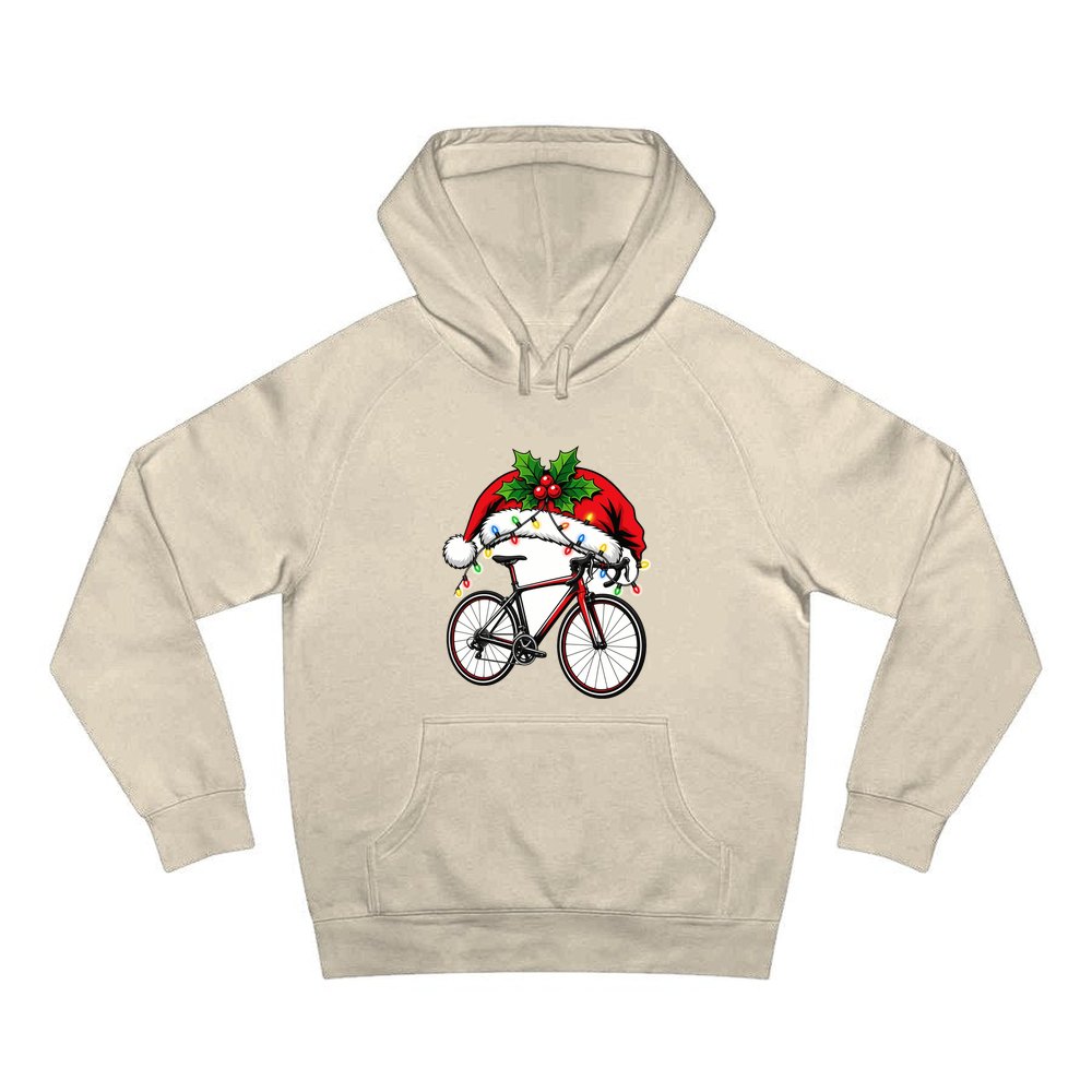 Road Bike In Santa Hat personalised Christmas hoodie in sand