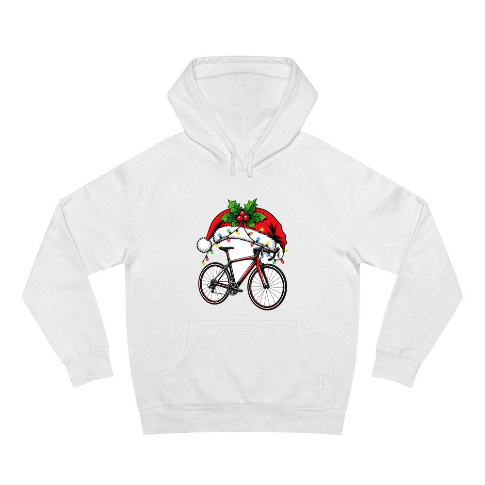 Road Bike In Santa Hat personalised Christmas hoodie in white