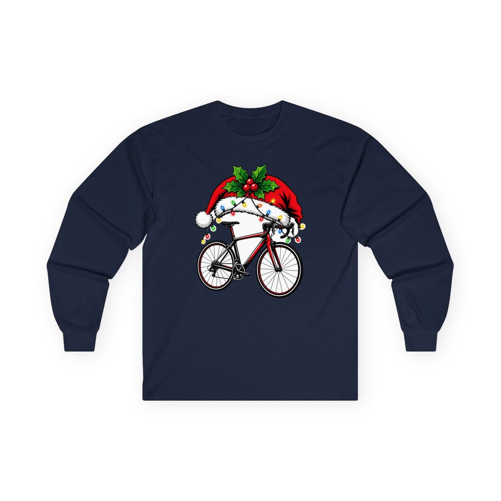 Road Bike In Santa Hat personalised long sleeve Christmas T-shirt in navy