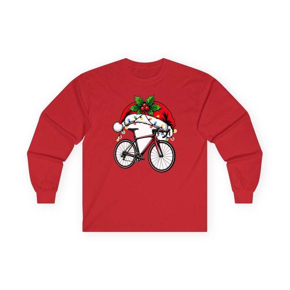 Road Bike In Santa Hat personalised long sleeve Christmas T-shirt in red