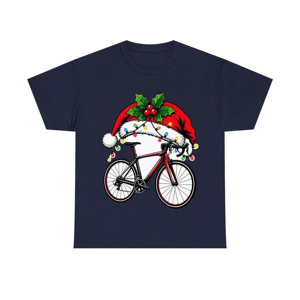 Road Bike In Santa Hat personalised Christmas T-shirt in navy