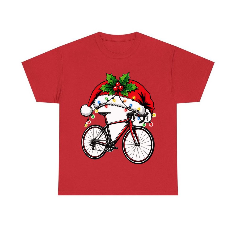 Road Bike In Santa Hat personalised Christmas T-shirt in red