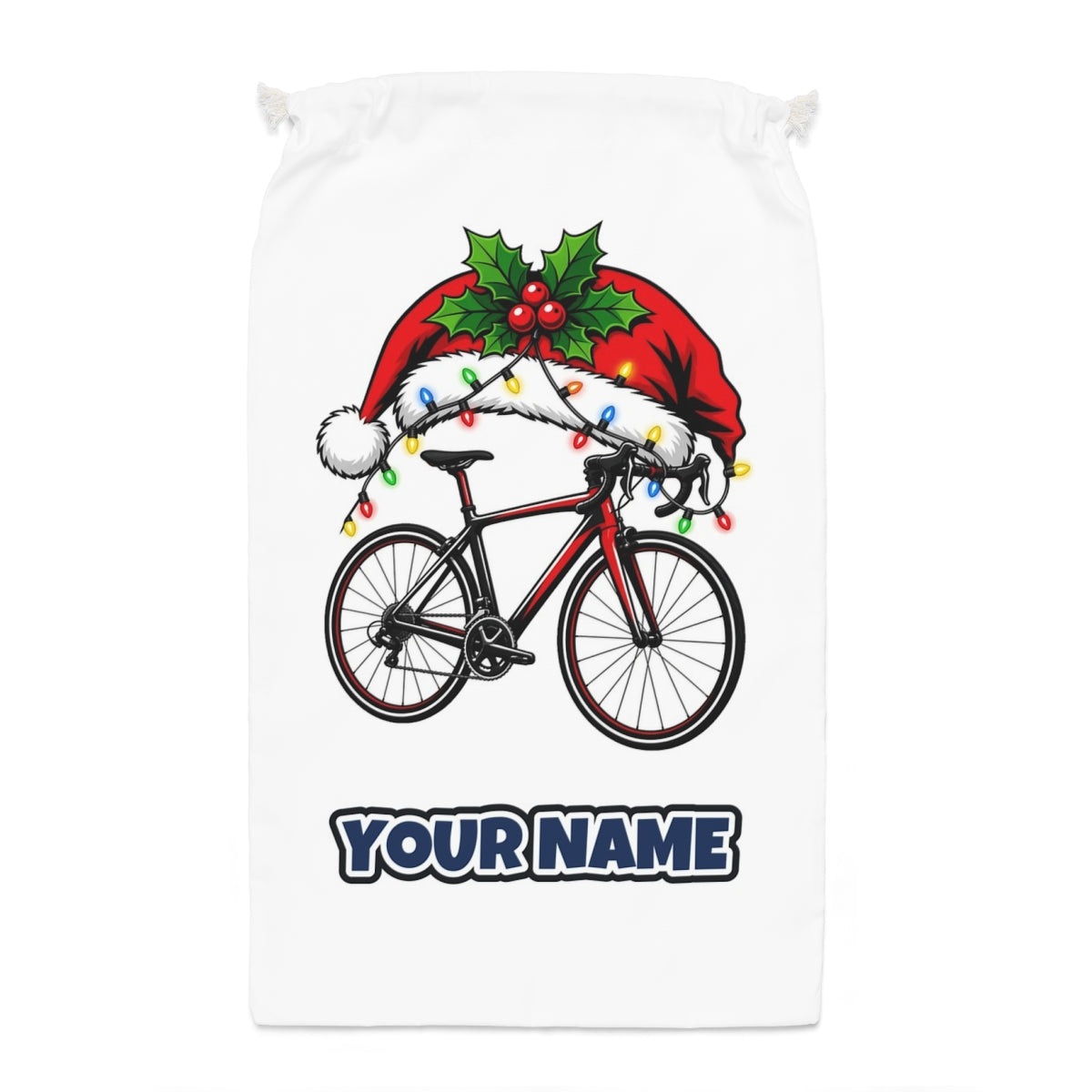 Road Bike In Santa Hat Santa sack laid flat, showing the full print