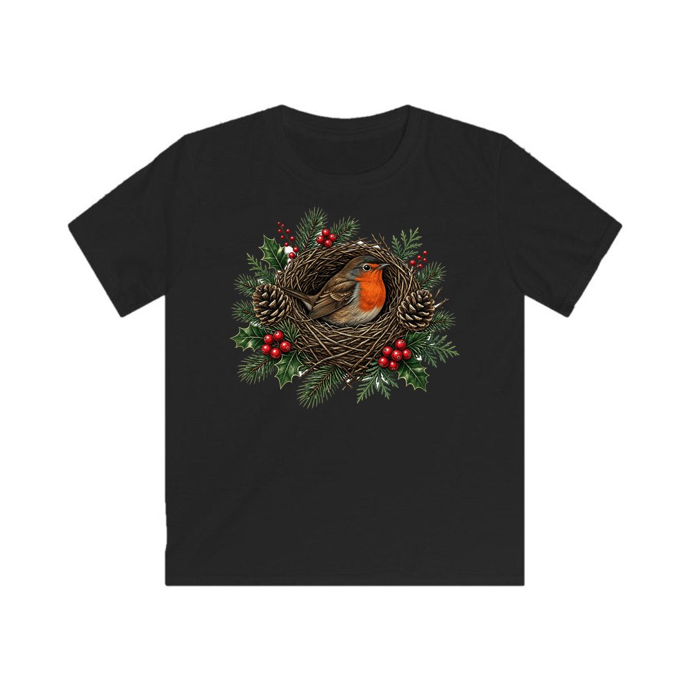 Robin In A Twig Nest personalised kids Christmas tee in black