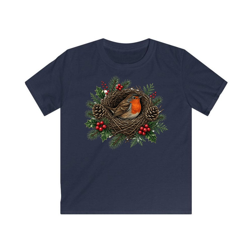 Robin In A Twig Nest personalised kids Christmas tee in navy