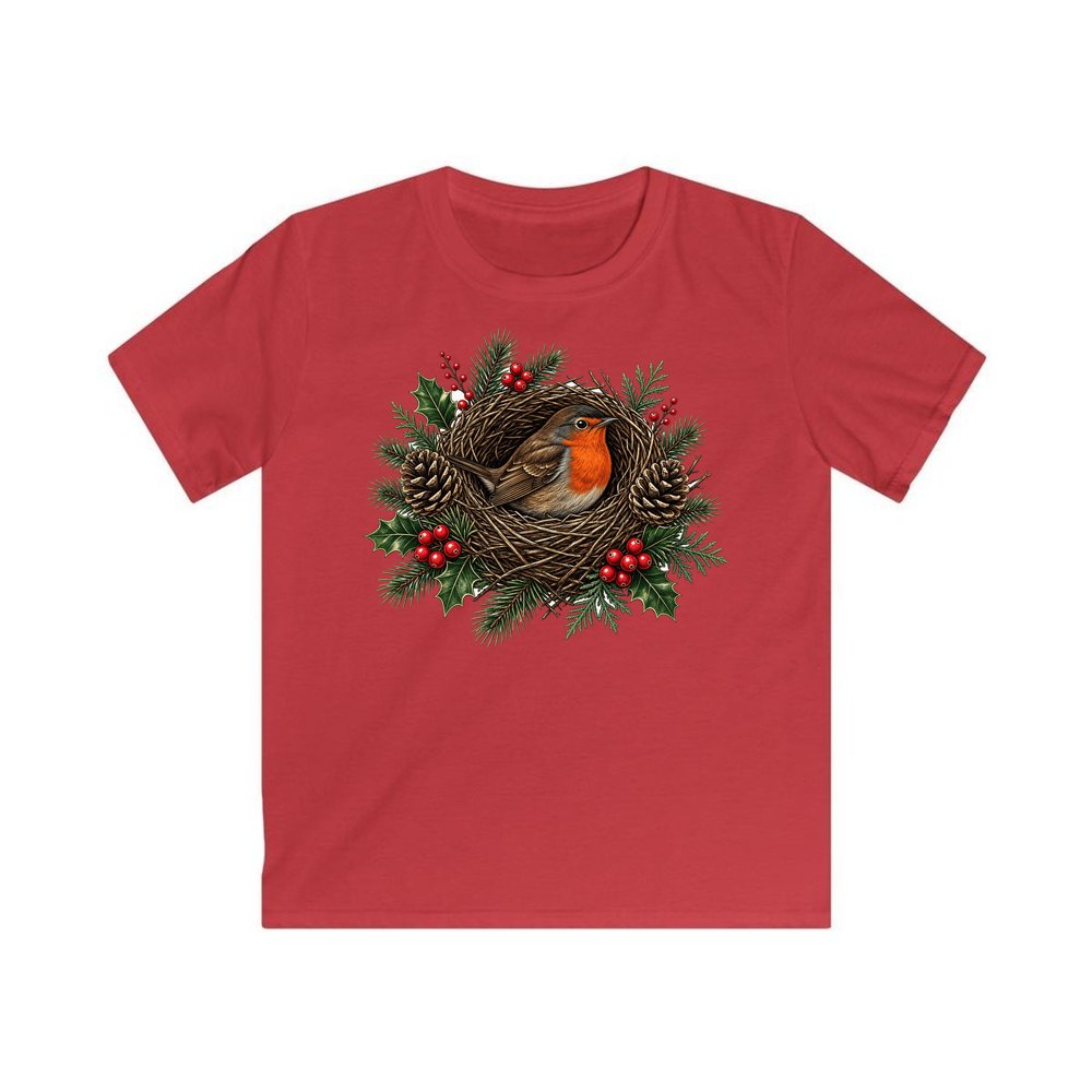 Robin In A Twig Nest personalised kids Christmas tee in red