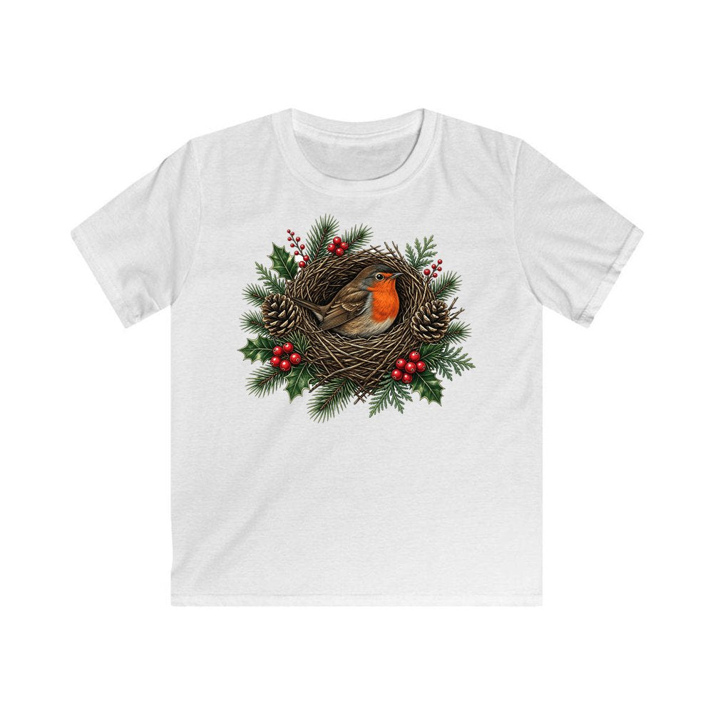 Robin In A Twig Nest personalised kids Christmas tee in white