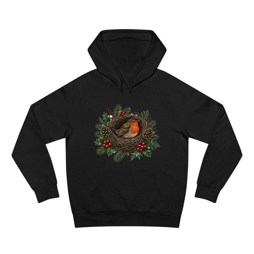 Robin In A Twig Nest personalised Christmas hoodie in black