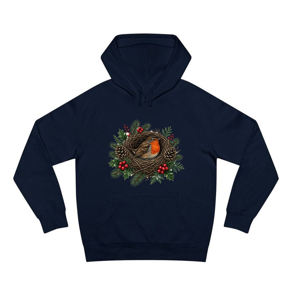 Robin In A Twig Nest personalised Christmas hoodie in navy