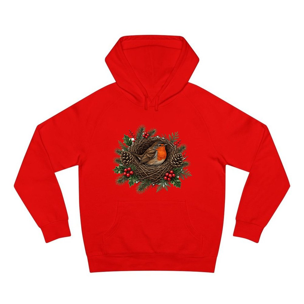 Robin In A Twig Nest personalised Christmas hoodie in red
