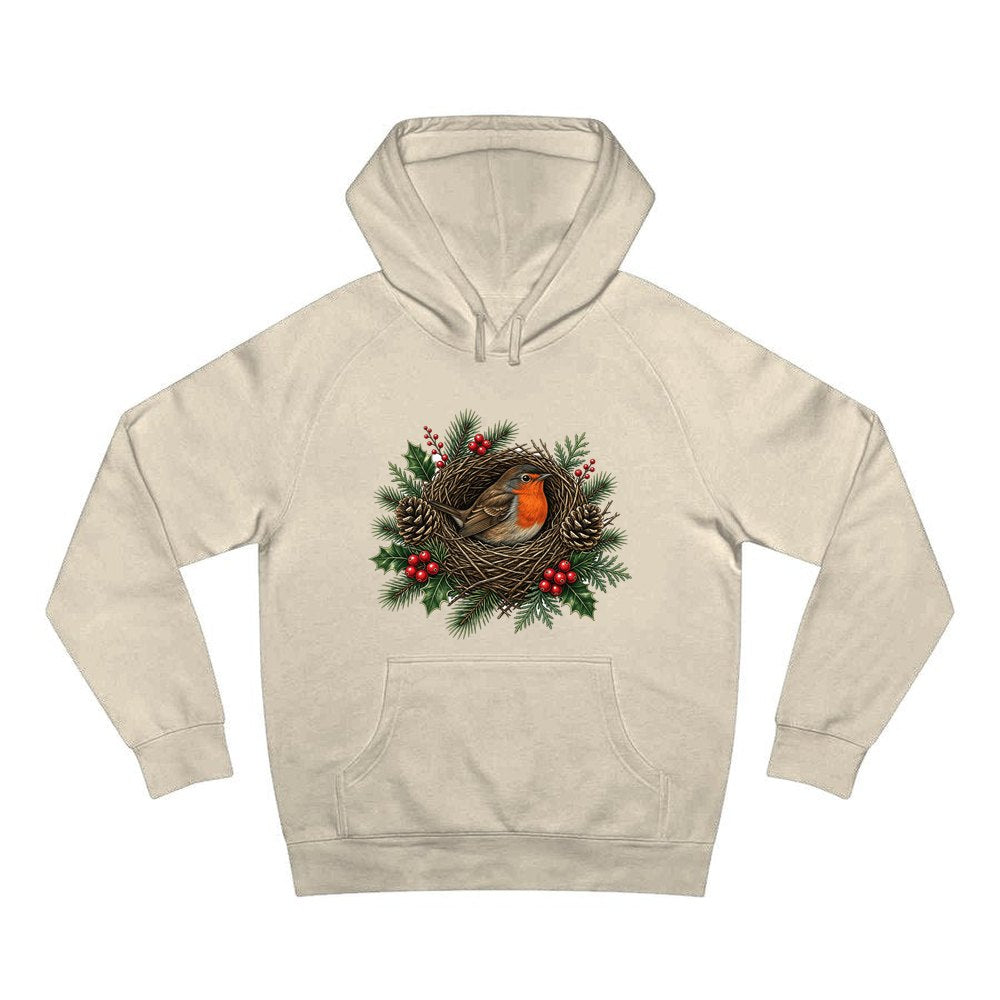 Robin In A Twig Nest personalised Christmas hoodie in sand