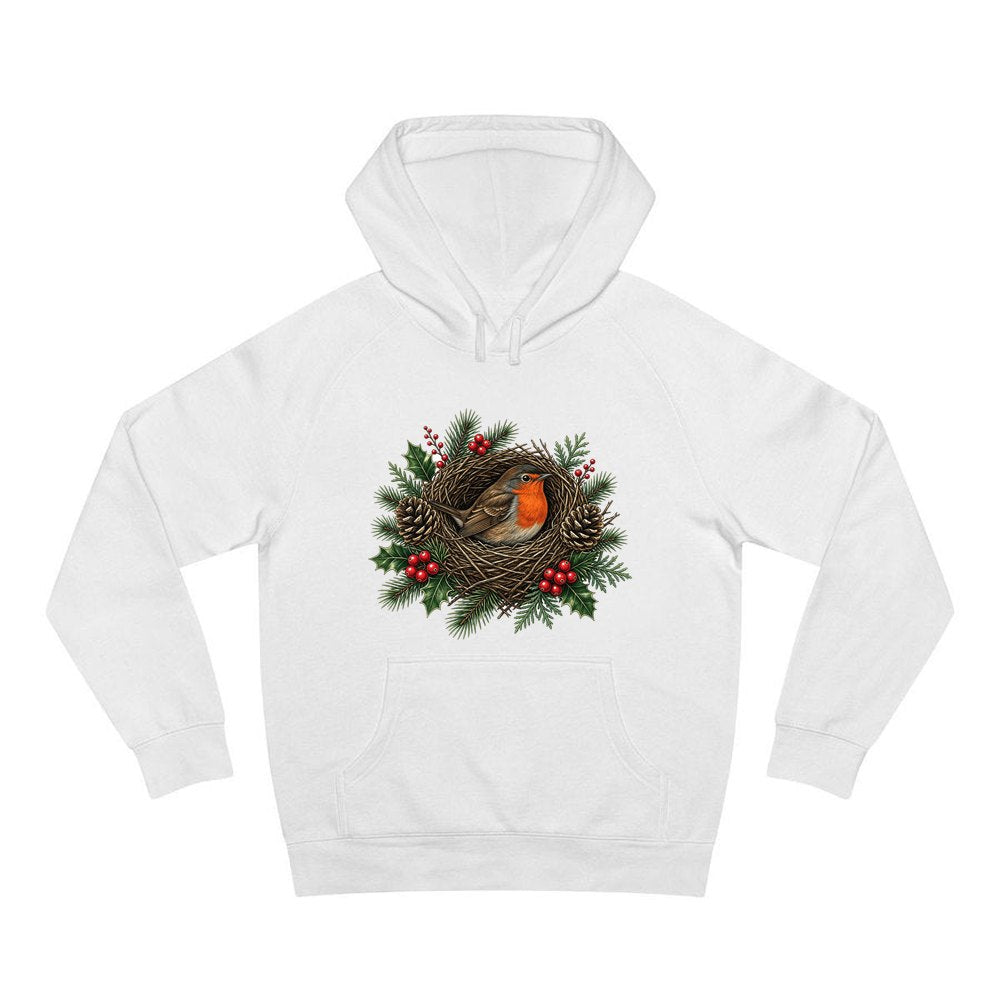 Robin In A Twig Nest personalised Christmas hoodie in white