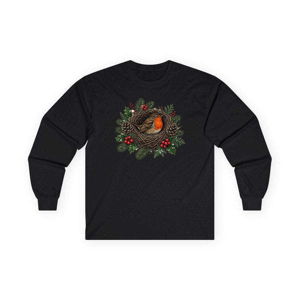 Robin In A Twig Nest personalised long sleeve Christmas T-shirt in black
