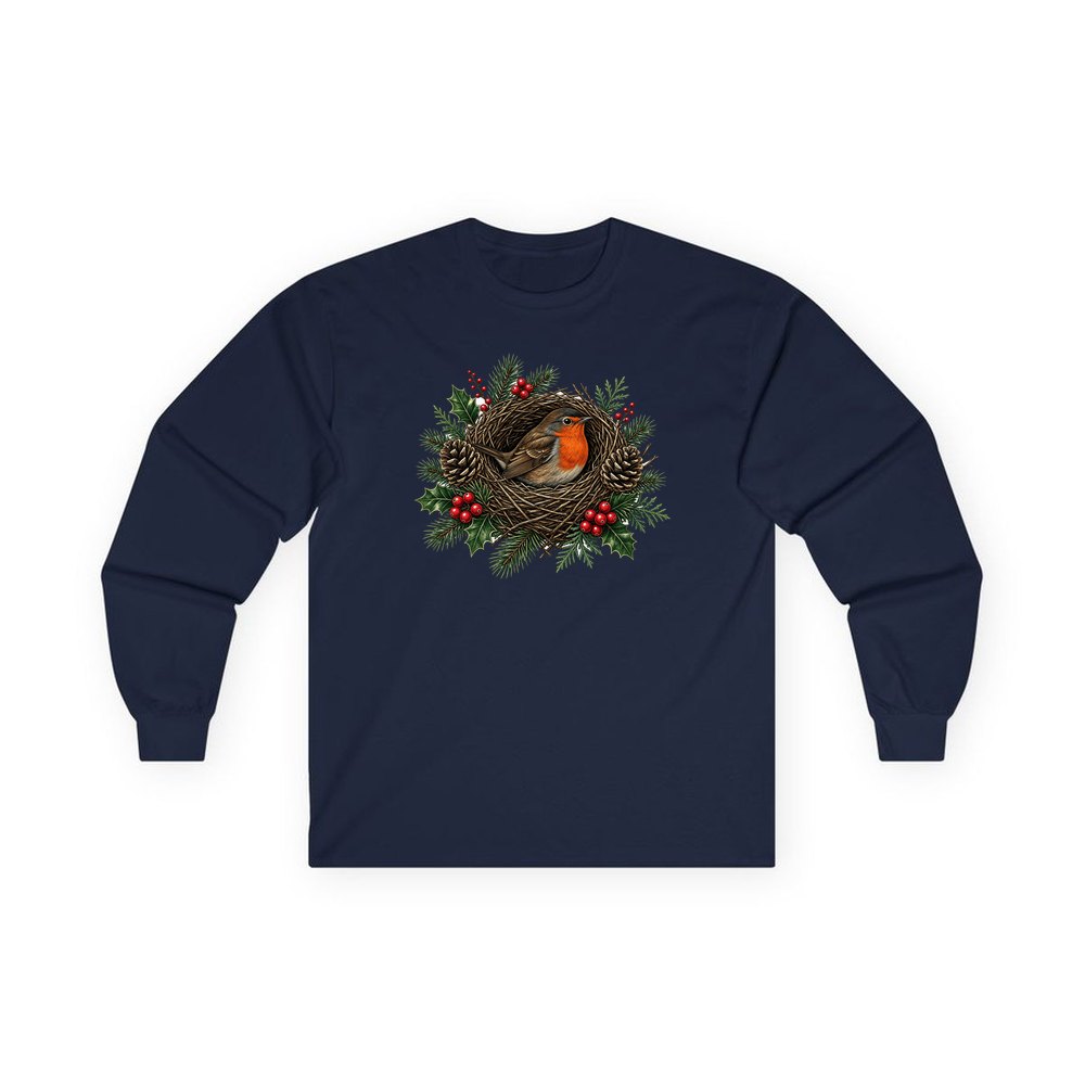 Robin In A Twig Nest personalised long sleeve Christmas T-shirt in navy