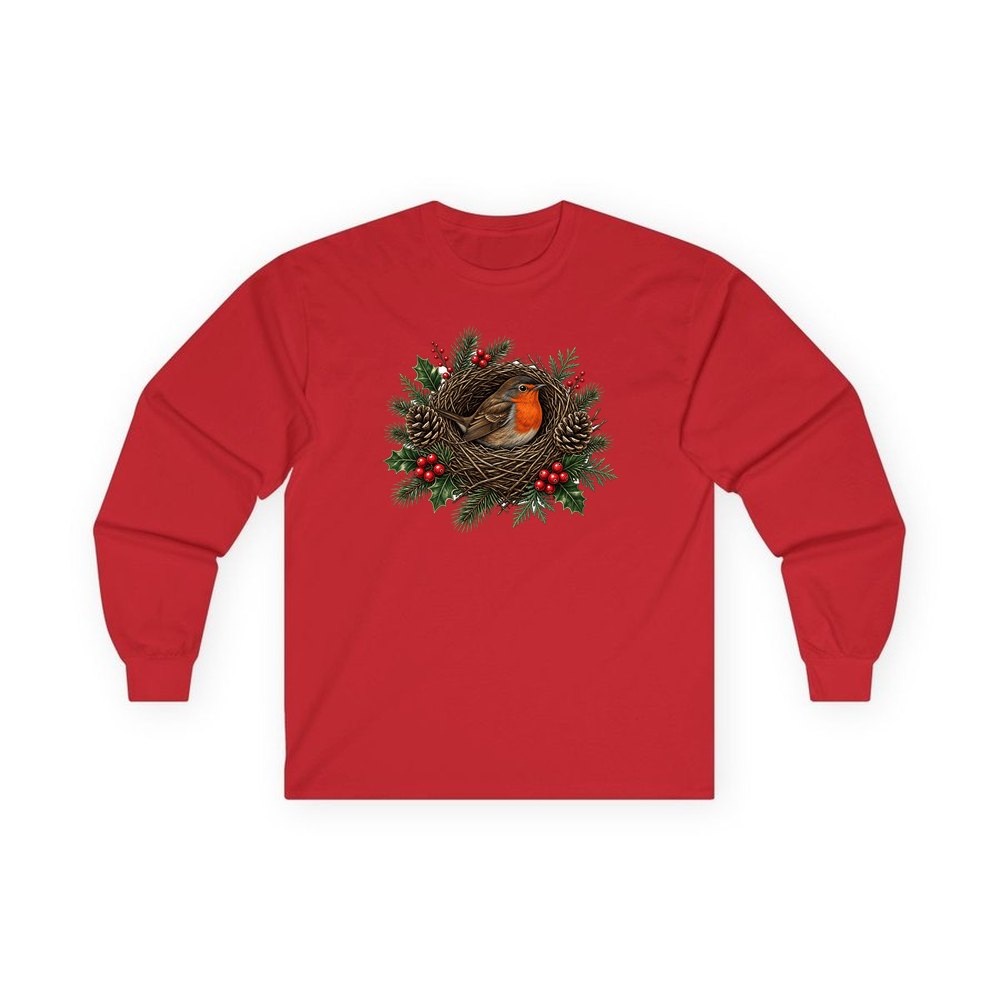 Robin In A Twig Nest personalised long sleeve Christmas T-shirt in red