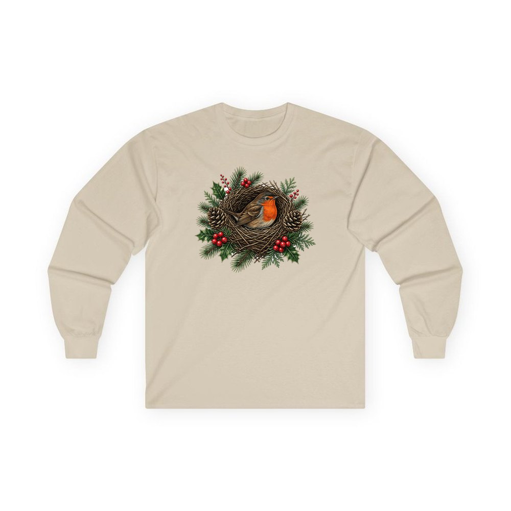 Robin In A Twig Nest personalised long sleeve Christmas T-shirt in sand