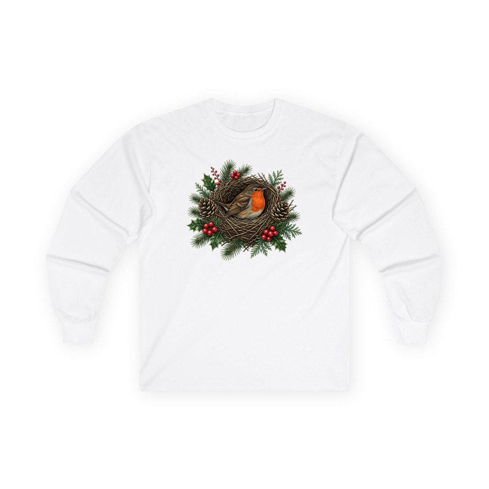 Robin In A Twig Nest personalised long sleeve Christmas T-shirt in white