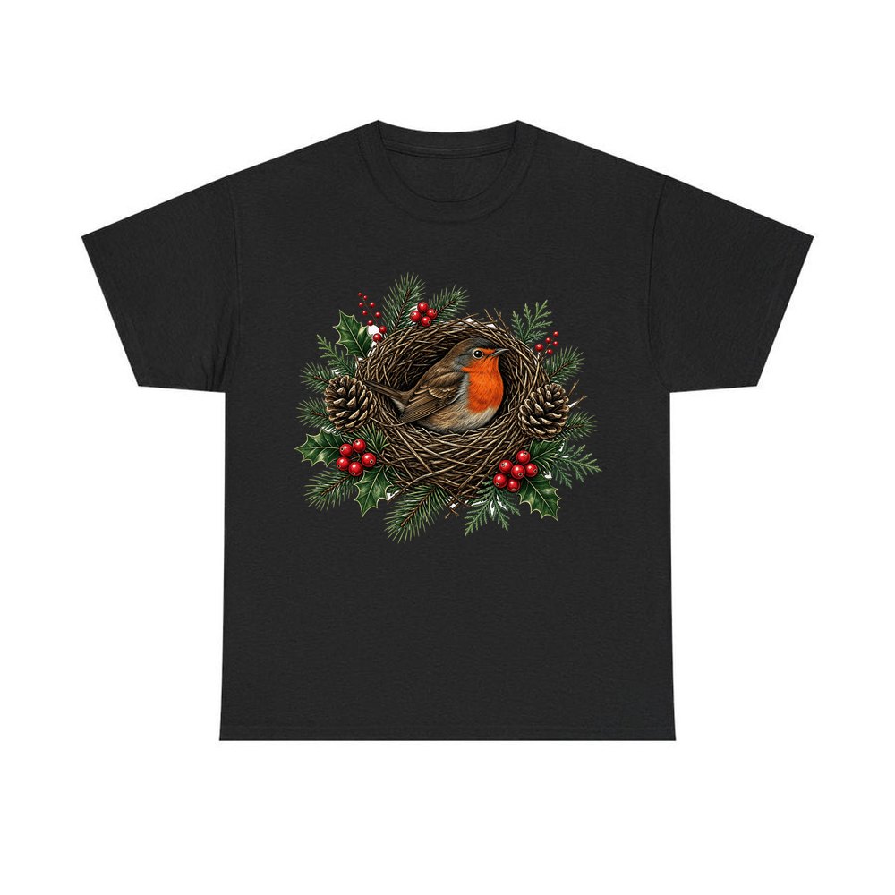 Robin In A Twig Nest personalised Christmas T-shirt in black