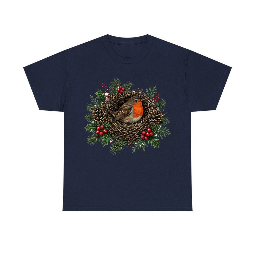 Robin In A Twig Nest personalised Christmas T-shirt in navy