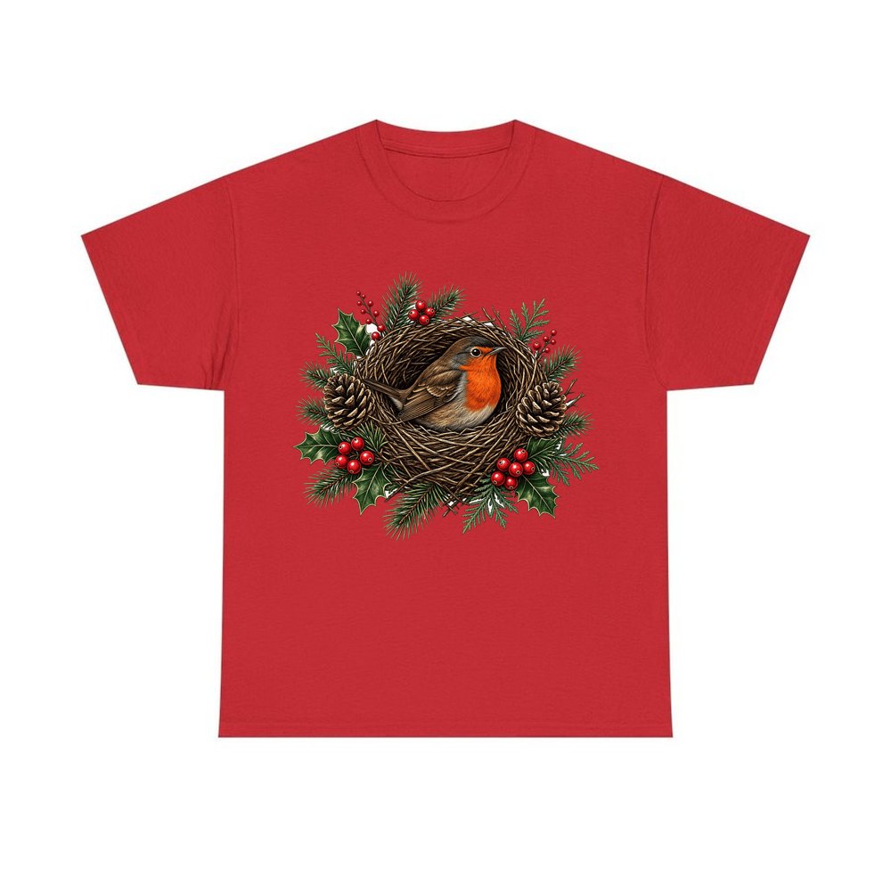 Robin In A Twig Nest personalised Christmas T-shirt in red