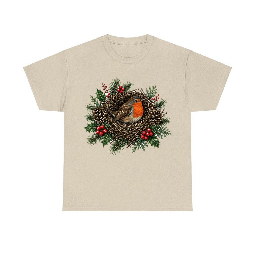 Robin In A Twig Nest personalised Christmas T-shirt in sand