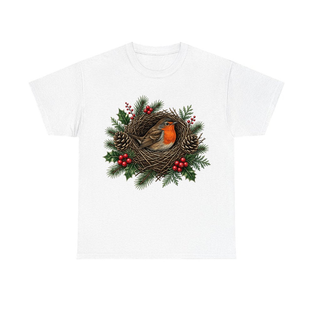 Robin In A Twig Nest personalised Christmas T-shirt in white