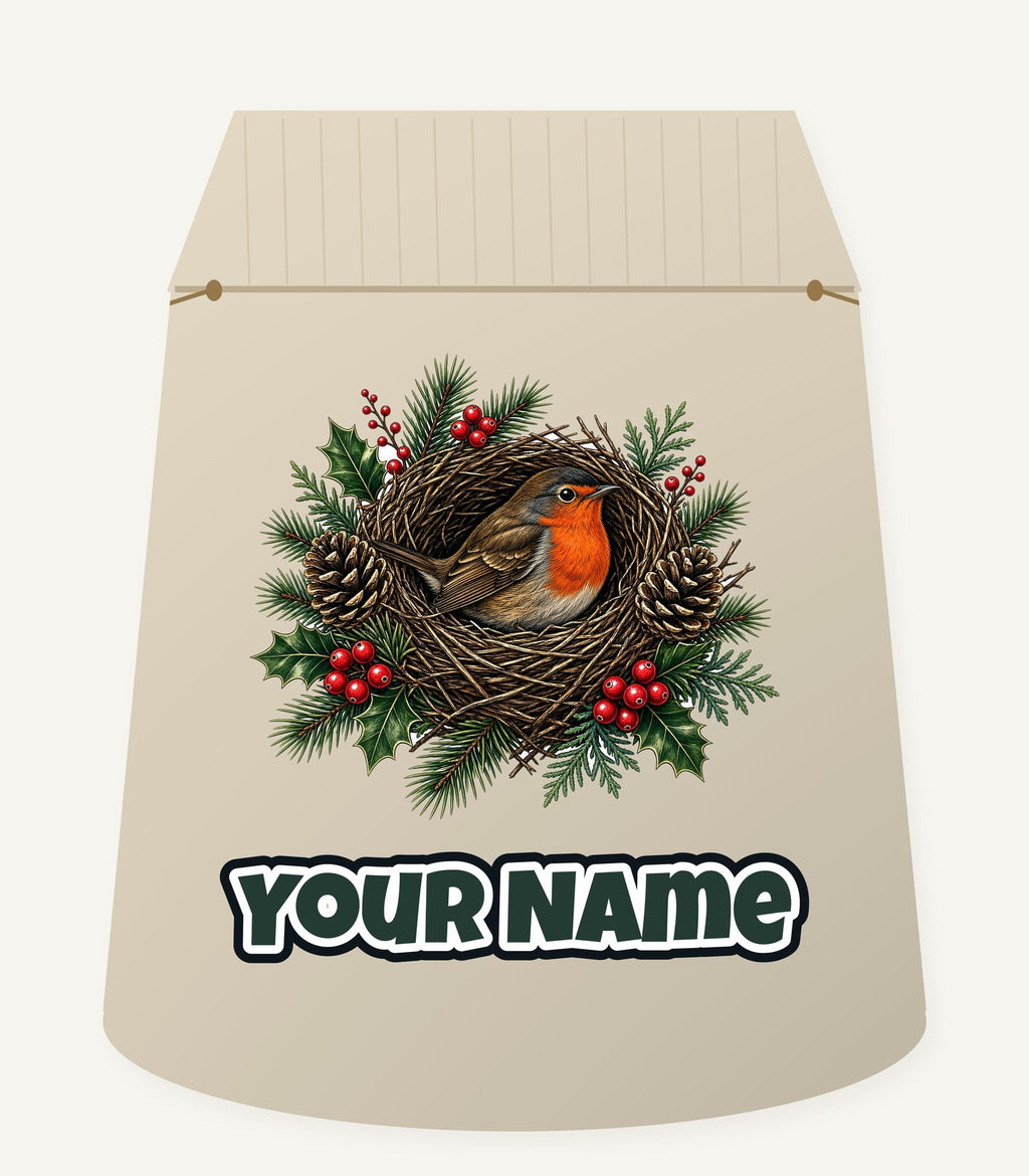 Robin In A Twig Nest Personalised Santa Sack