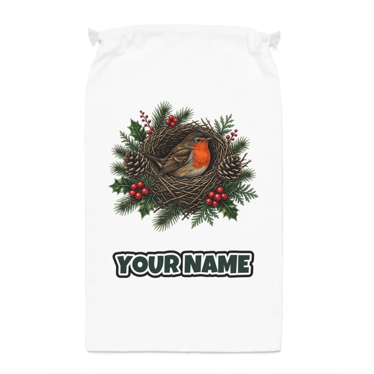 Robin In A Twig Nest Santa sack laid flat, showing the full print