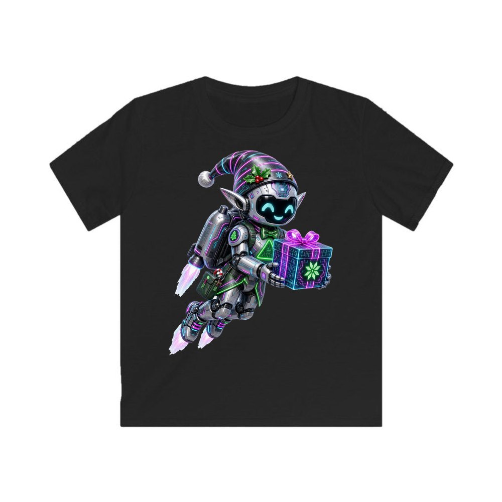Robot Elf Airborne personalised kids Christmas tee in black