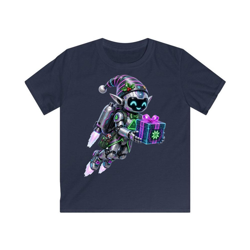 Robot Elf Airborne personalised kids Christmas tee in navy