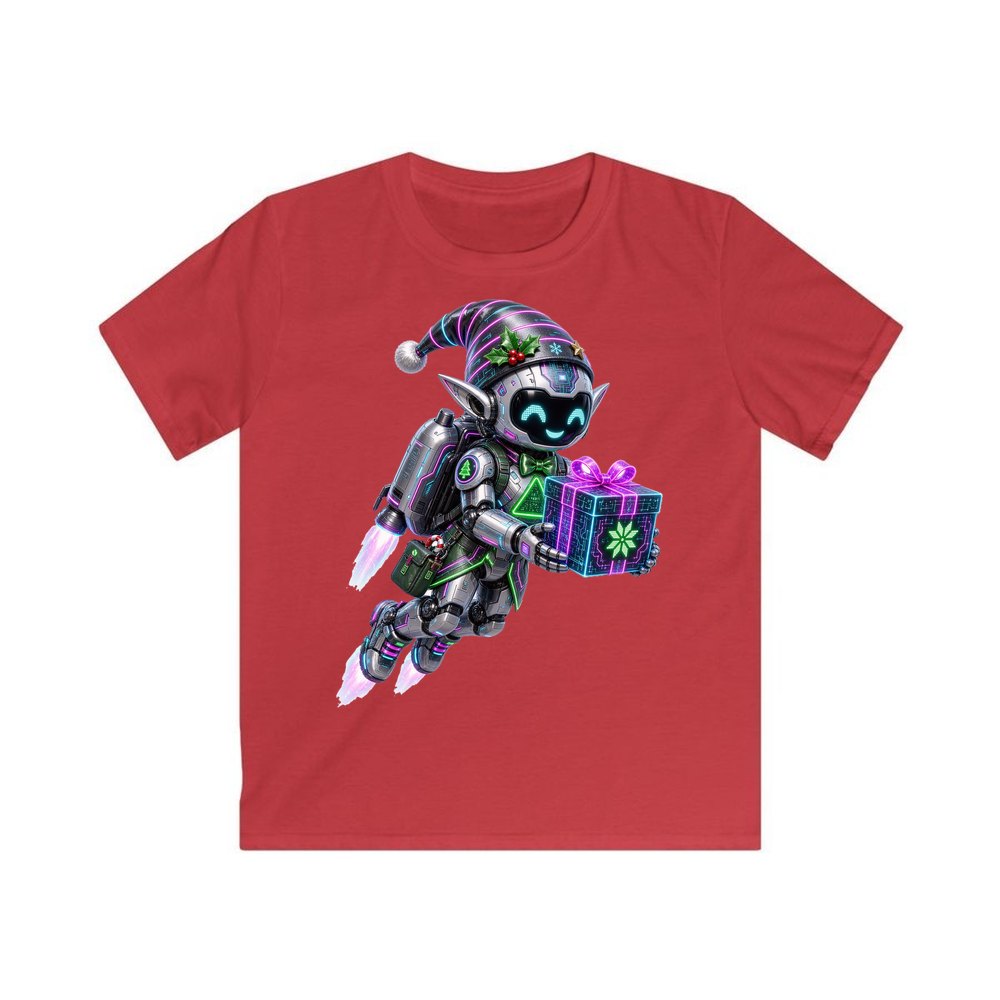 Robot Elf Airborne personalised kids Christmas tee in red